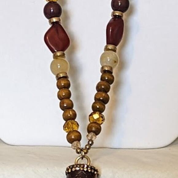 1948 Long Leather Tassel Necklace with Leather, Crystal, and Wood Beads. - Picture 3 of 11